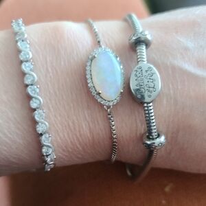 Lot Of 3 Bracelets, Silver Tone Opal Halo Bracelet, Celebration Of Life Charm